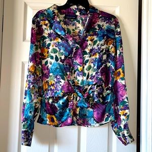 Jones New York Floral Collared Button Blouse Top